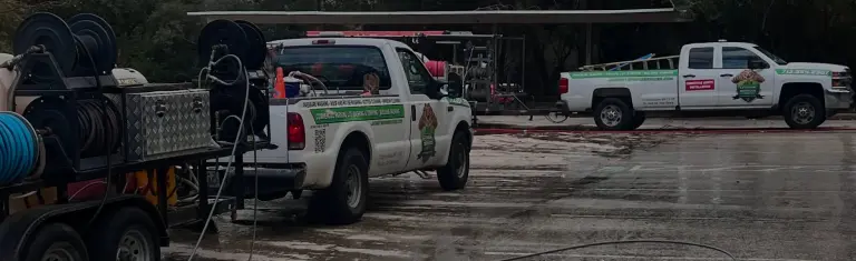 Two Jade Exterior Services trucks and equipment trailers parked at the shop