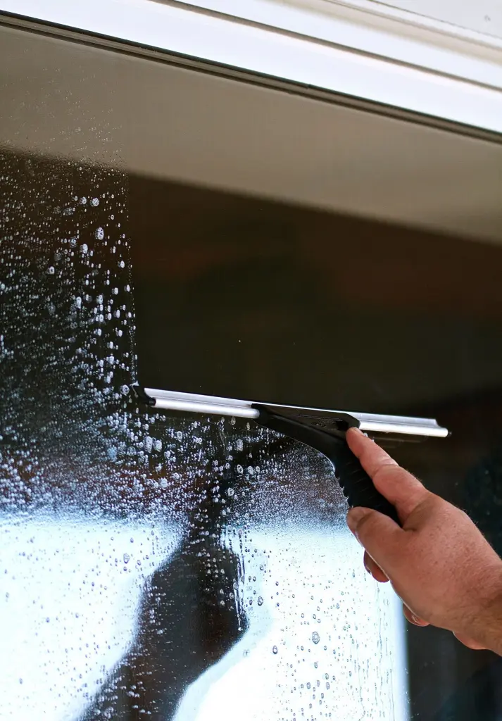 A hand pulling a squeegee down a soapy window pane