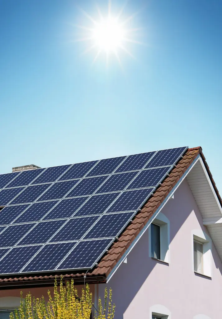 Solar panels on a tile roof under full sun